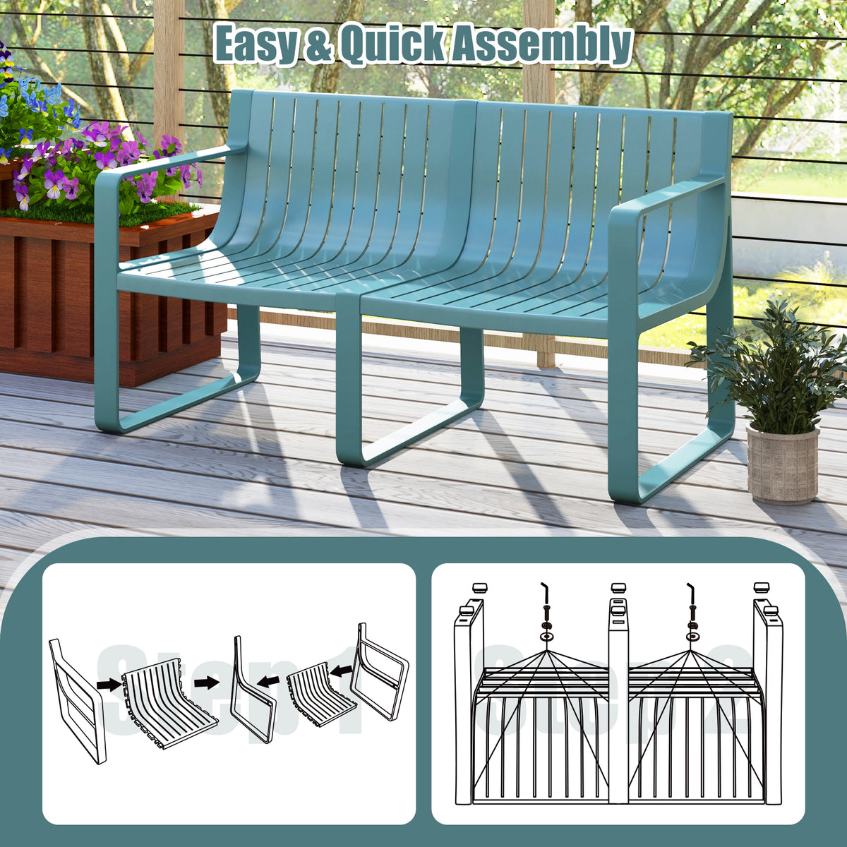 Weather-resistant Plastic 2-Person Bench with Curved Backrest