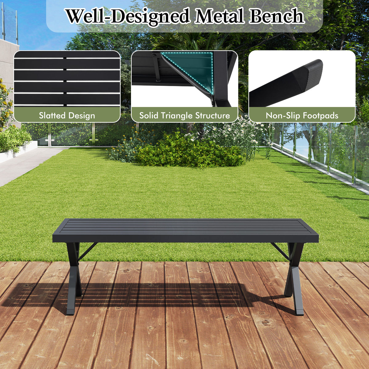 Patio Metal Bench with Slatted Seat and X Legs