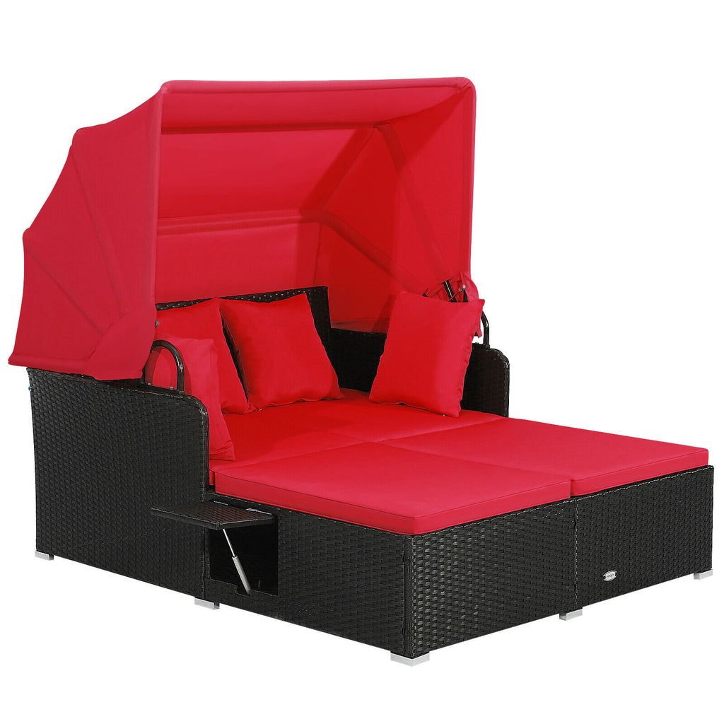 Patio Rattan Daybed with Retractable Canopy & Side Tables, Red