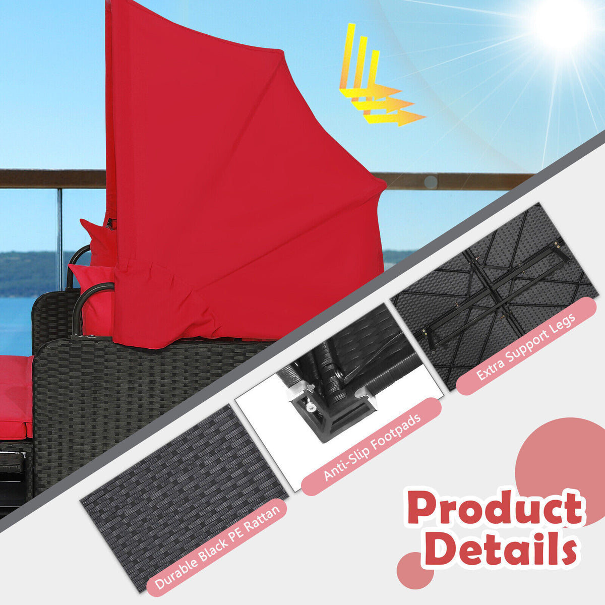 Patio Rattan Daybed with Retractable Canopy & Side Tables, Red