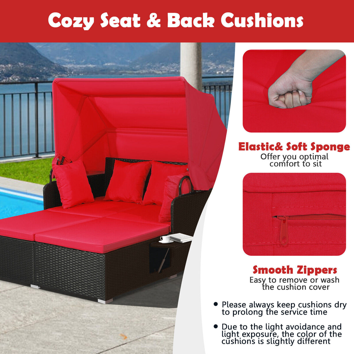Patio Rattan Daybed with Retractable Canopy & Side Tables, Red