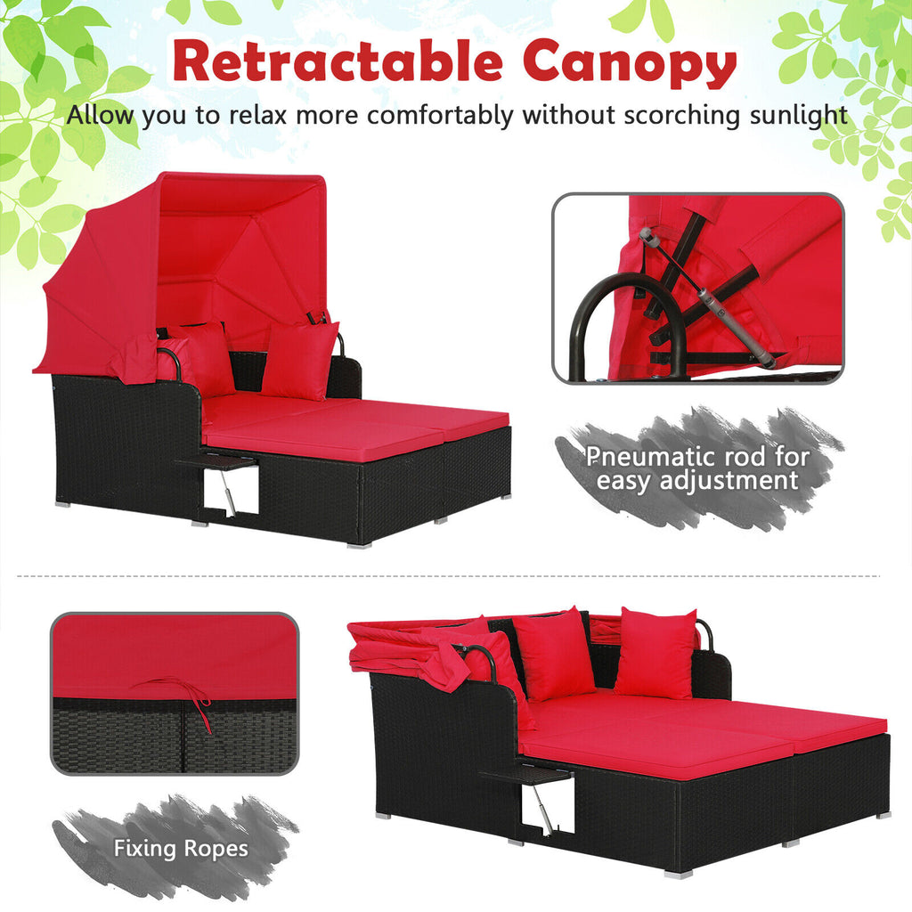 Patio Rattan Daybed with Retractable Canopy & Side Tables, Red