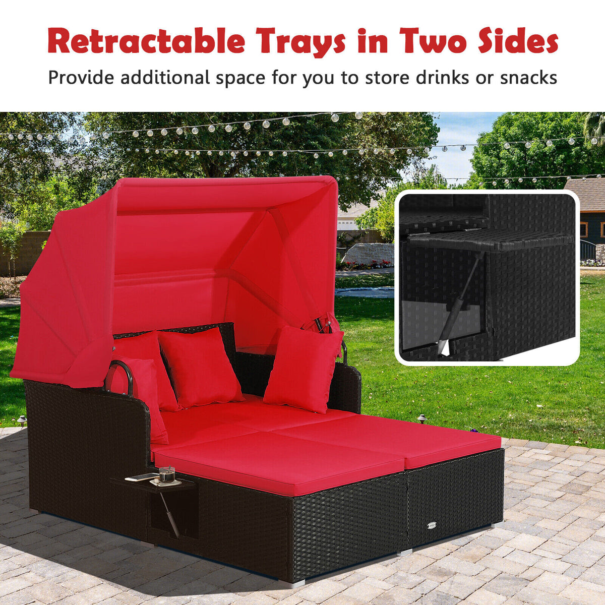 Patio Rattan Daybed with Retractable Canopy & Side Tables, Red