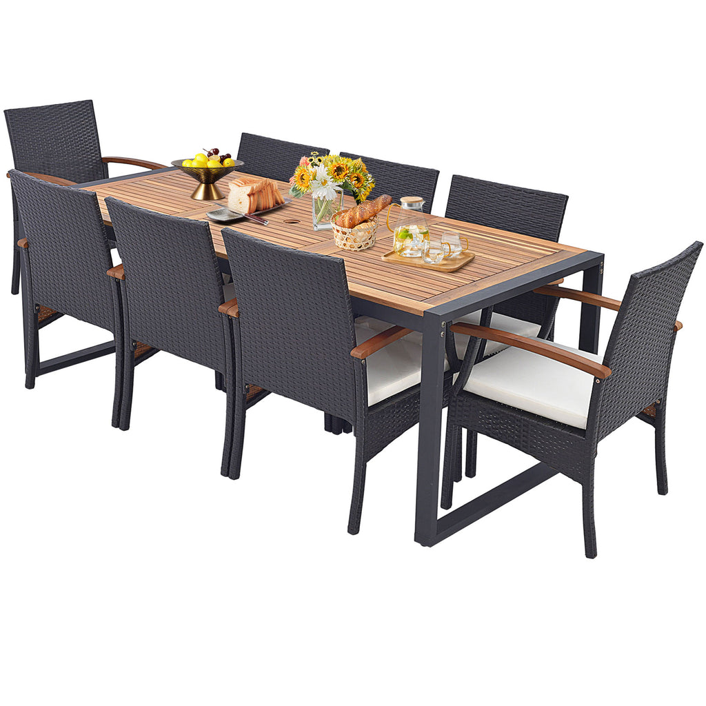 9-Piece Patio Rattan Dining Set with Acacia Wood Table - L-shaped Handrail