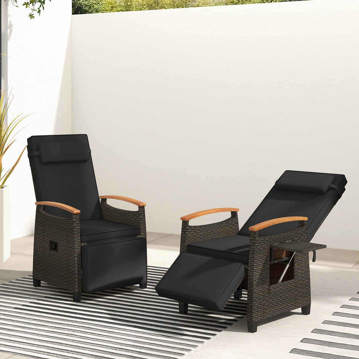 Patio Wicker Recliner Chair with Adjustable Backrest - Style 1, Black