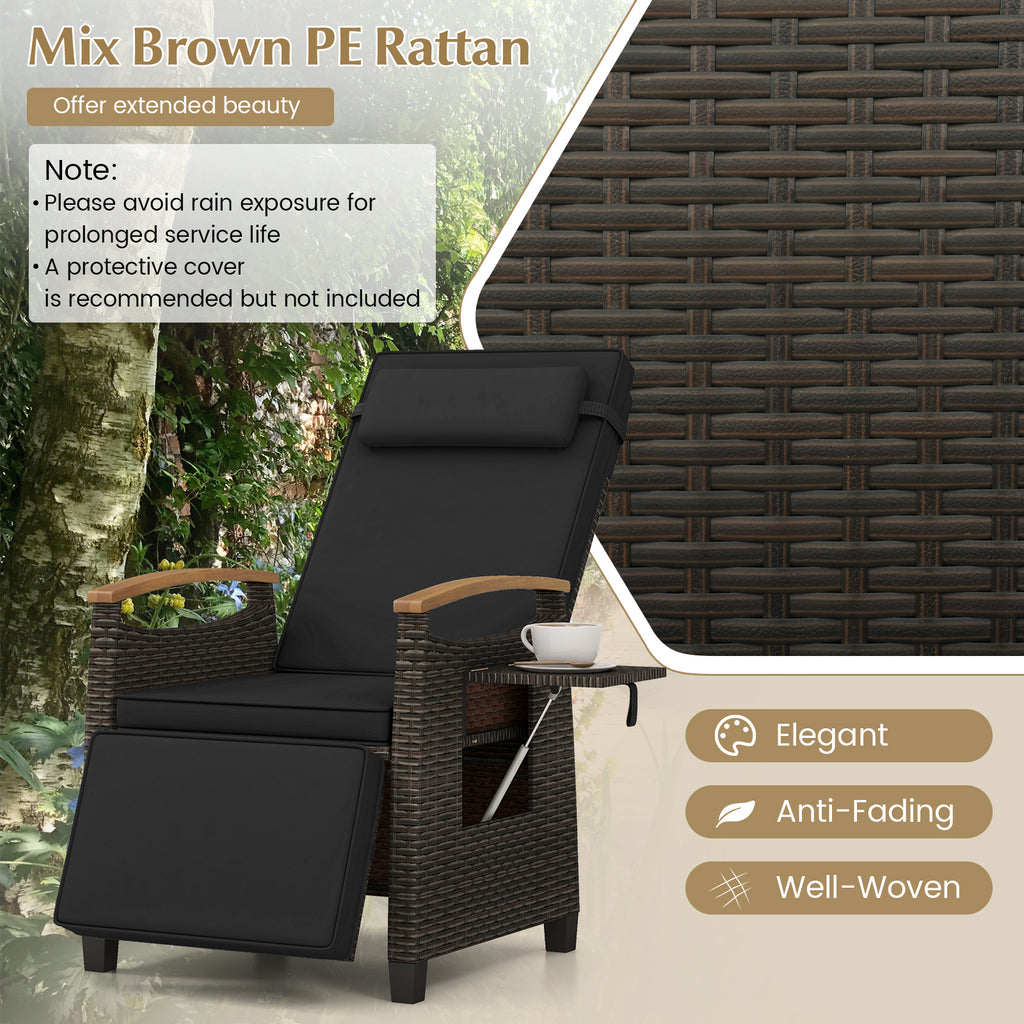 Patio Wicker Recliner Chair with Adjustable Backrest - Style 1, Black