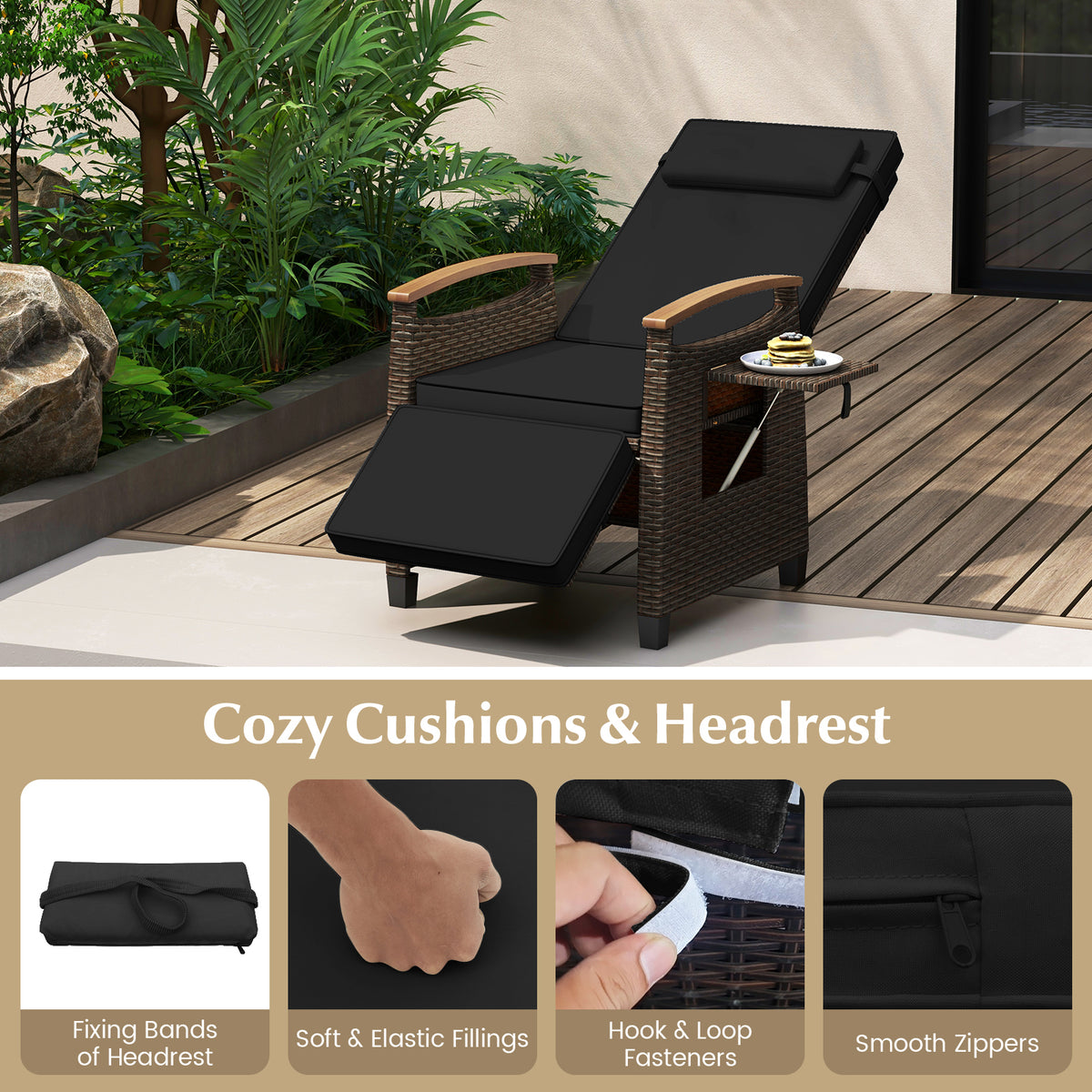 Patio Wicker Recliner Chair with Adjustable Backrest - Style 1, Black