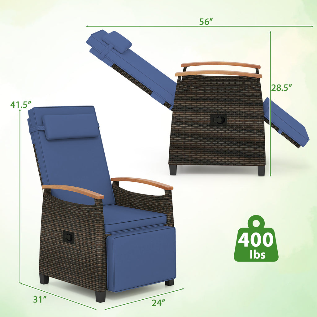 Patio Wicker Recliner Chair with Adjustable Backrest – Navy