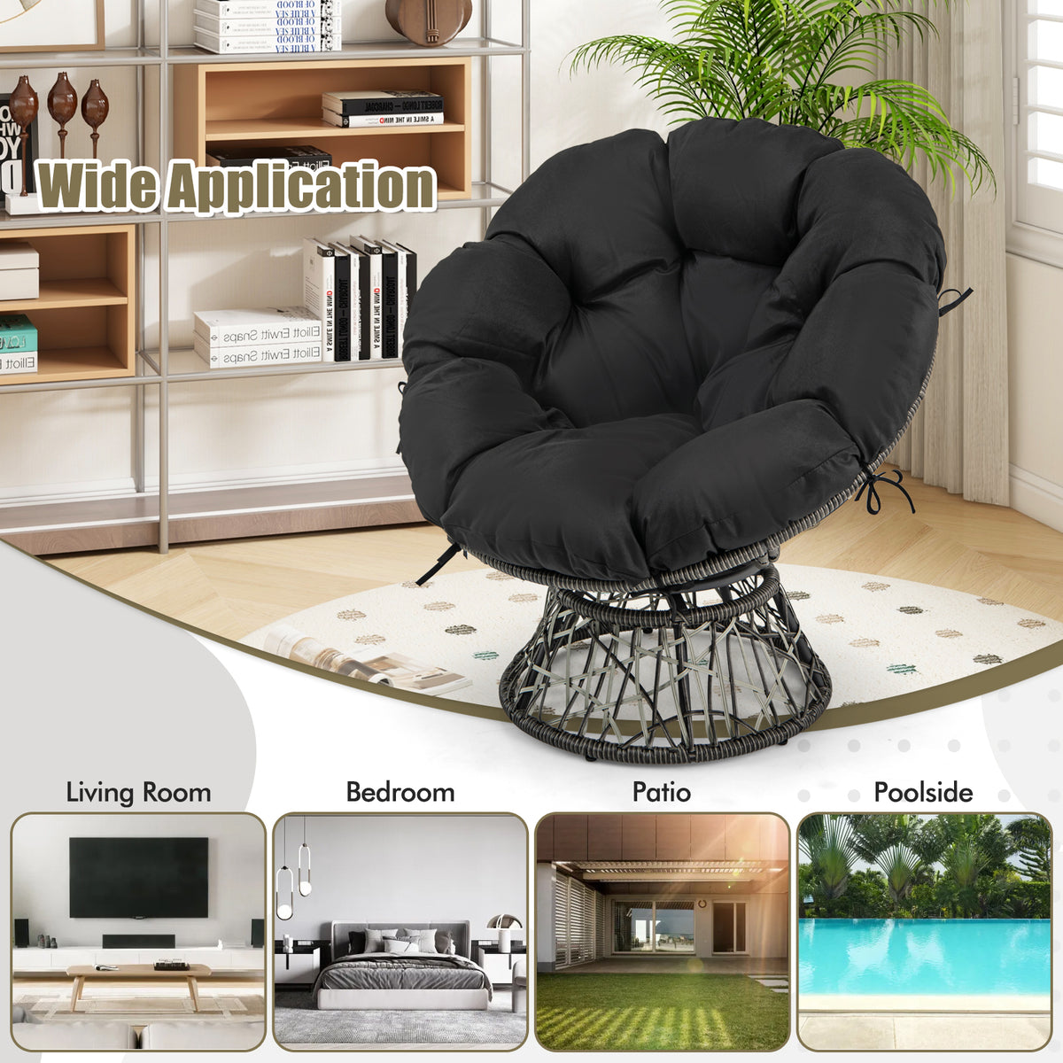 PE Wicker Papasan Chair 360° Swivel - Black