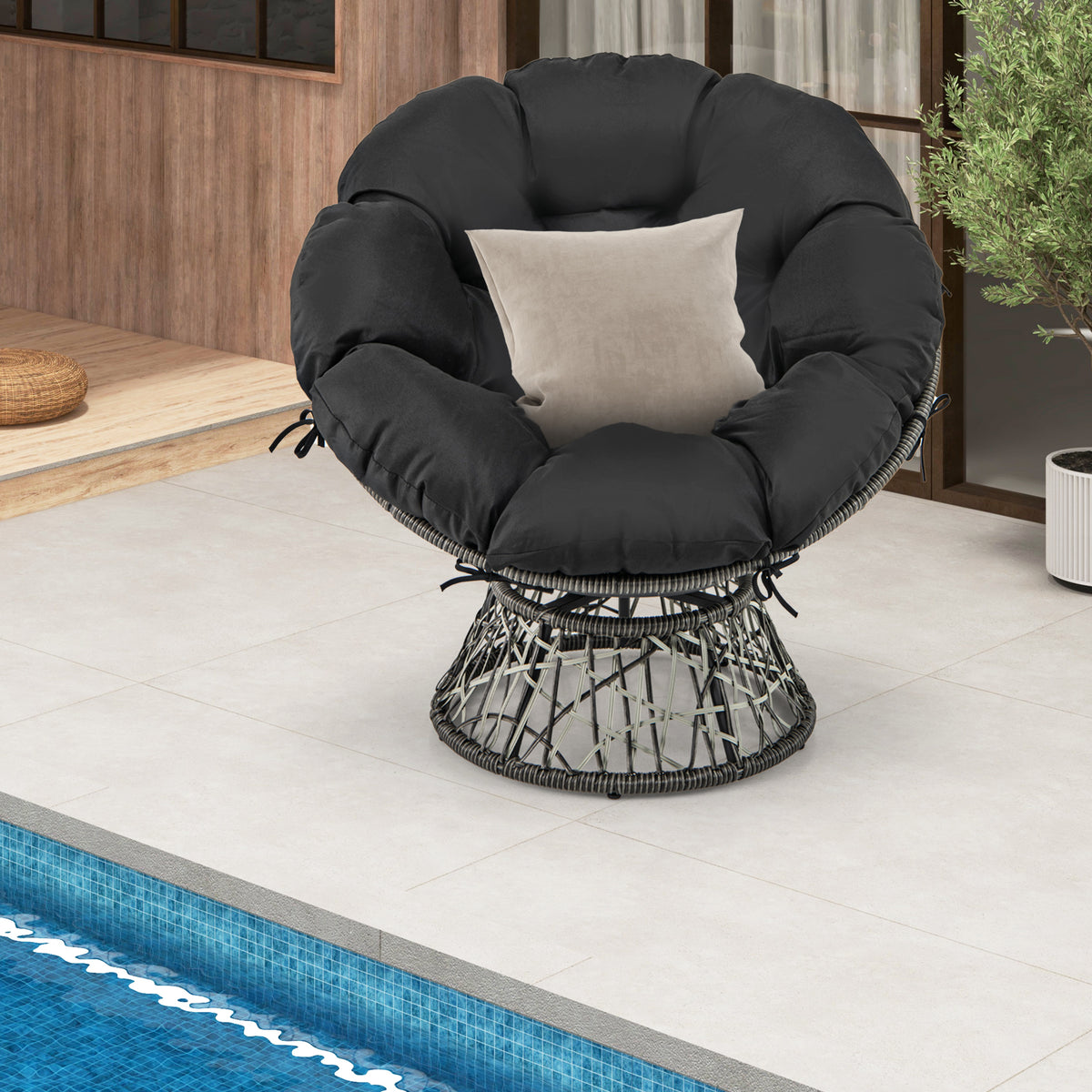 PE Wicker Papasan Chair 360° Swivel - Black