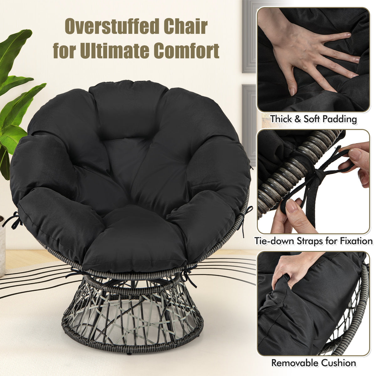 PE Wicker Papasan Chair 360° Swivel - Black