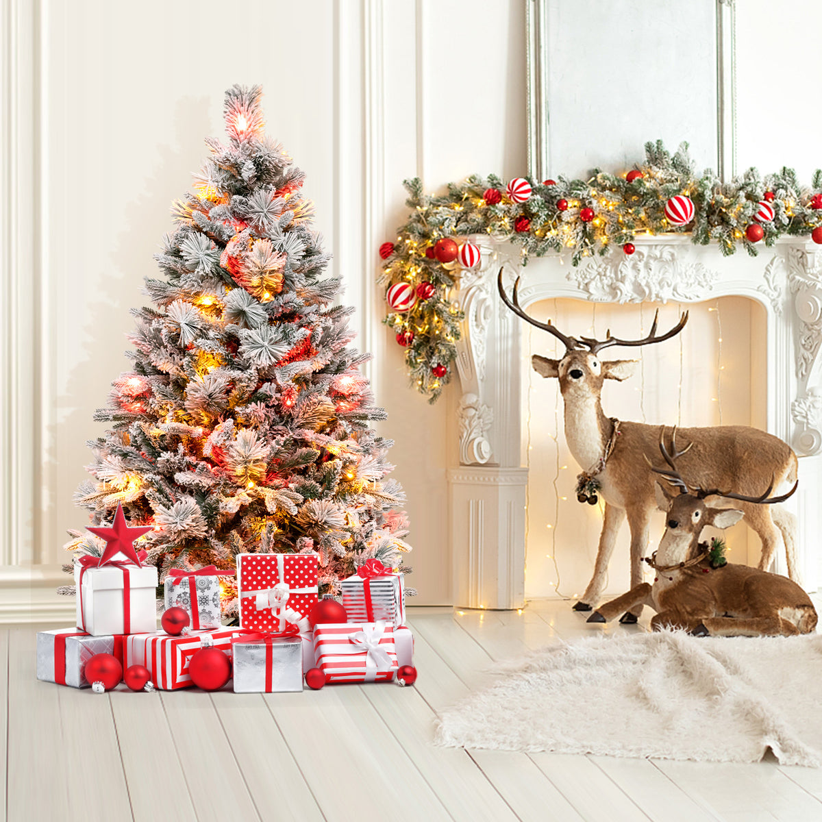 4.5/6/7 Feet Artificial Xmas Tree with Pine Needles and LED Lights - 7 ft