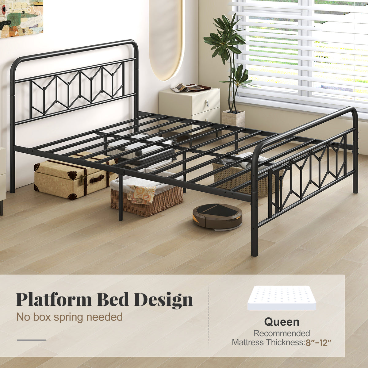 Platform Bed with High Headboard & Snap Lock Slats - Arch, Queen