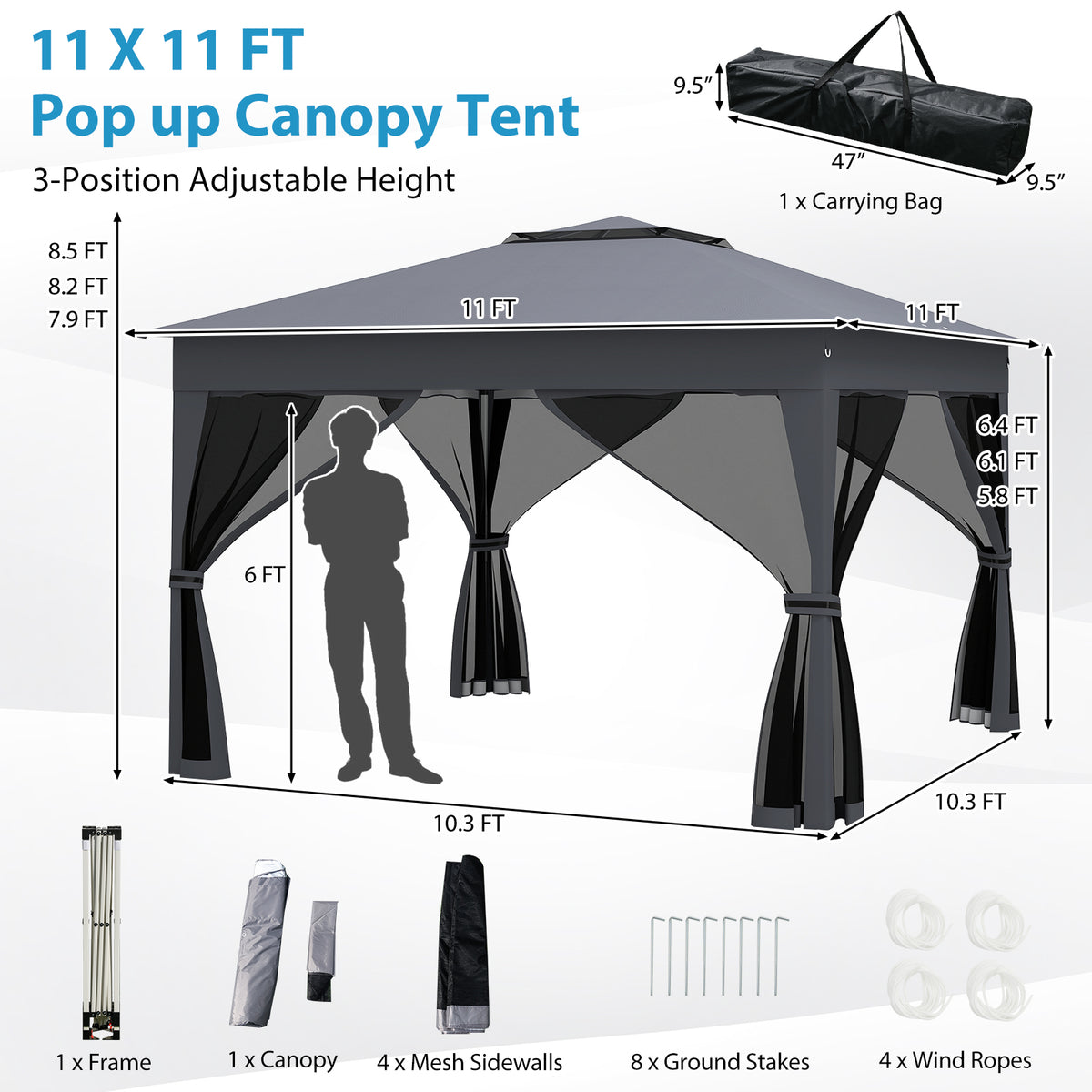 11 X FT Pop Up Gazebo with Mesh Netting and Double Roof