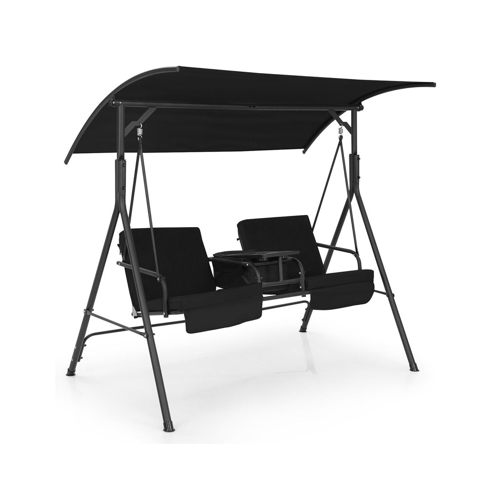 2-Seat Porch Swing with Canopy and Table - Black