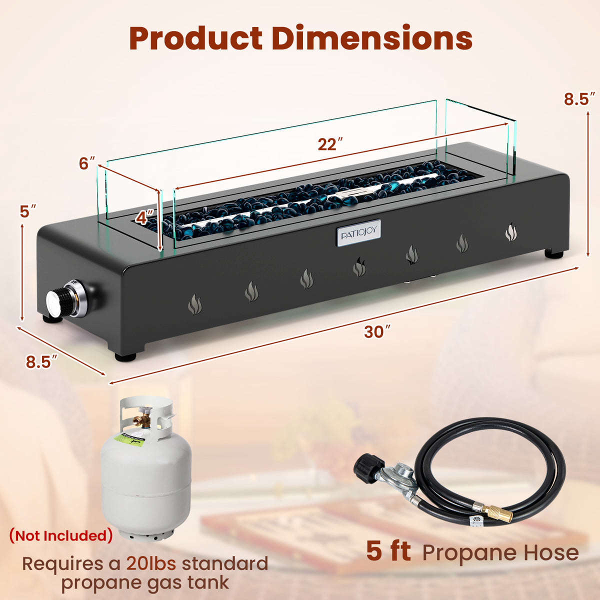 Portable Mini Propane Fireplace – 40,000 BTU, Stainless Steel Burner