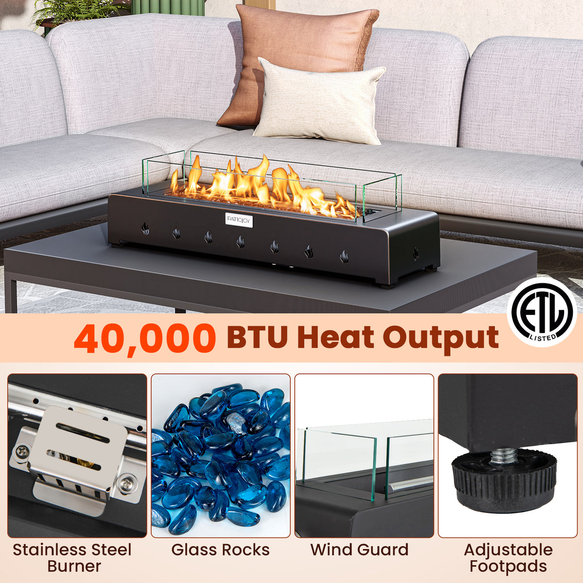 Portable Mini Propane Fireplace – 40,000 BTU, Stainless Steel Burner