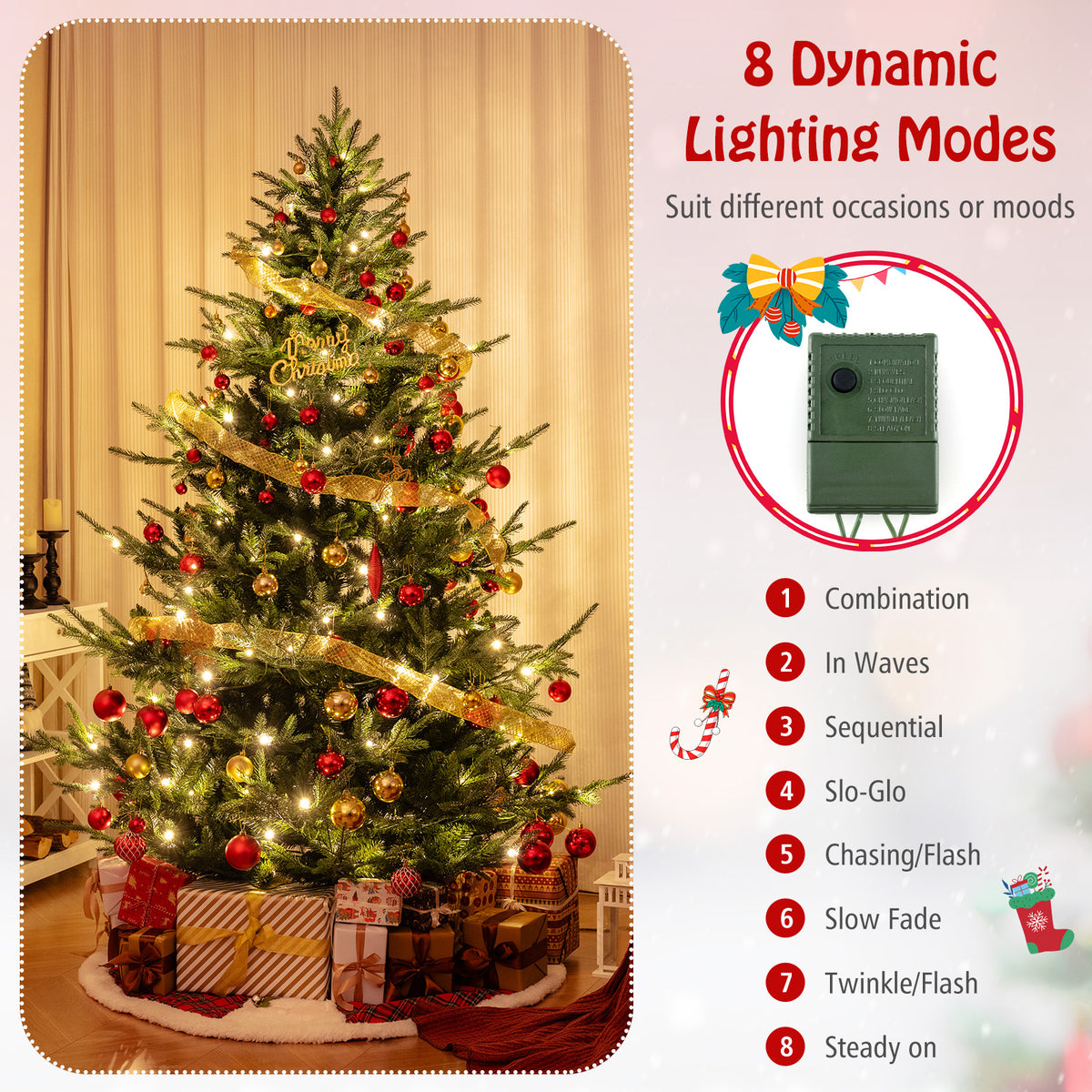7 Ft Pre-Lit Artificial Christmas Tree with Warm White LED Lights - Costway