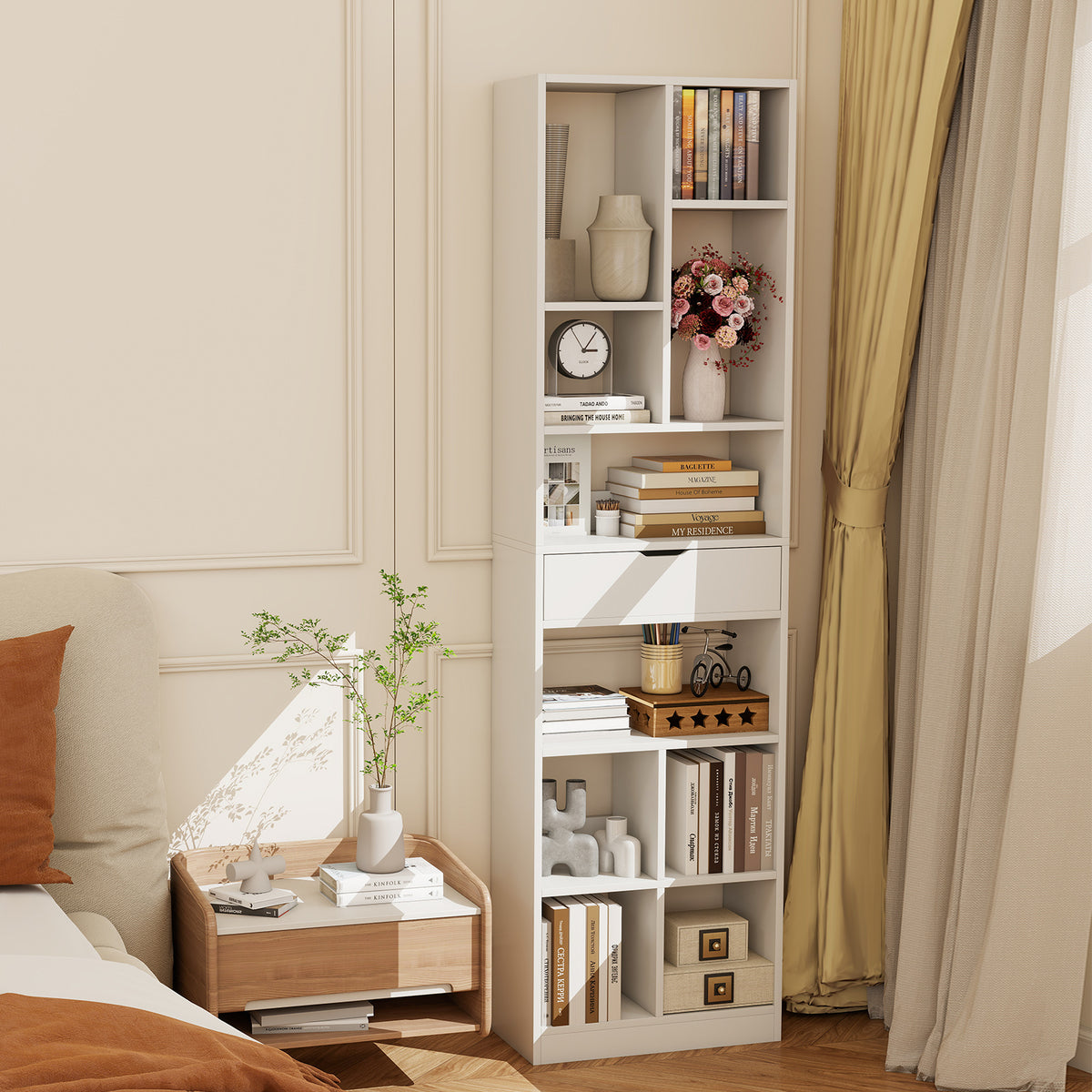 7-tier Bookshelf with Drawer 180cm Floor Standing Display Rack