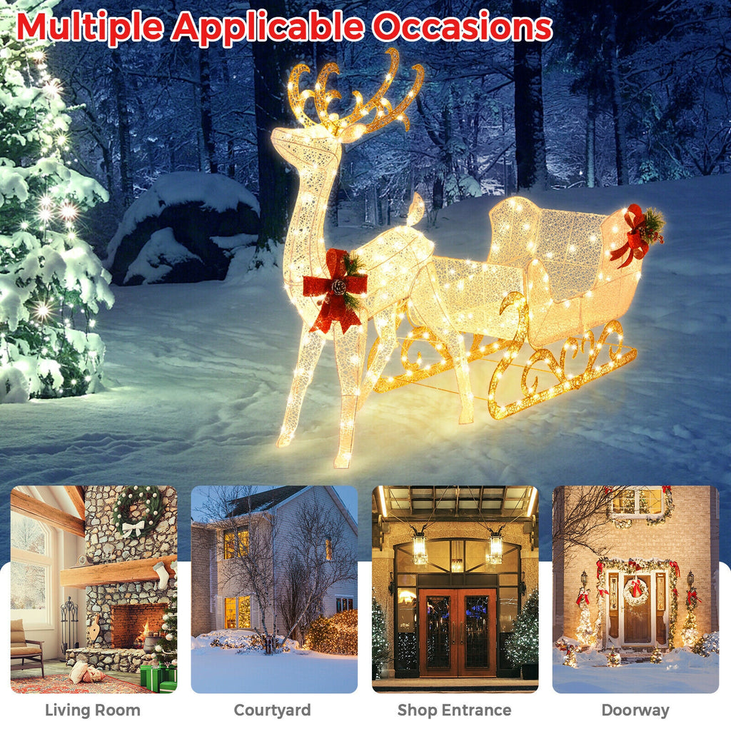 2-Piece Golden Lighted Christmas Reindeer & Santa's Sleigh Decoration Set with Stakes