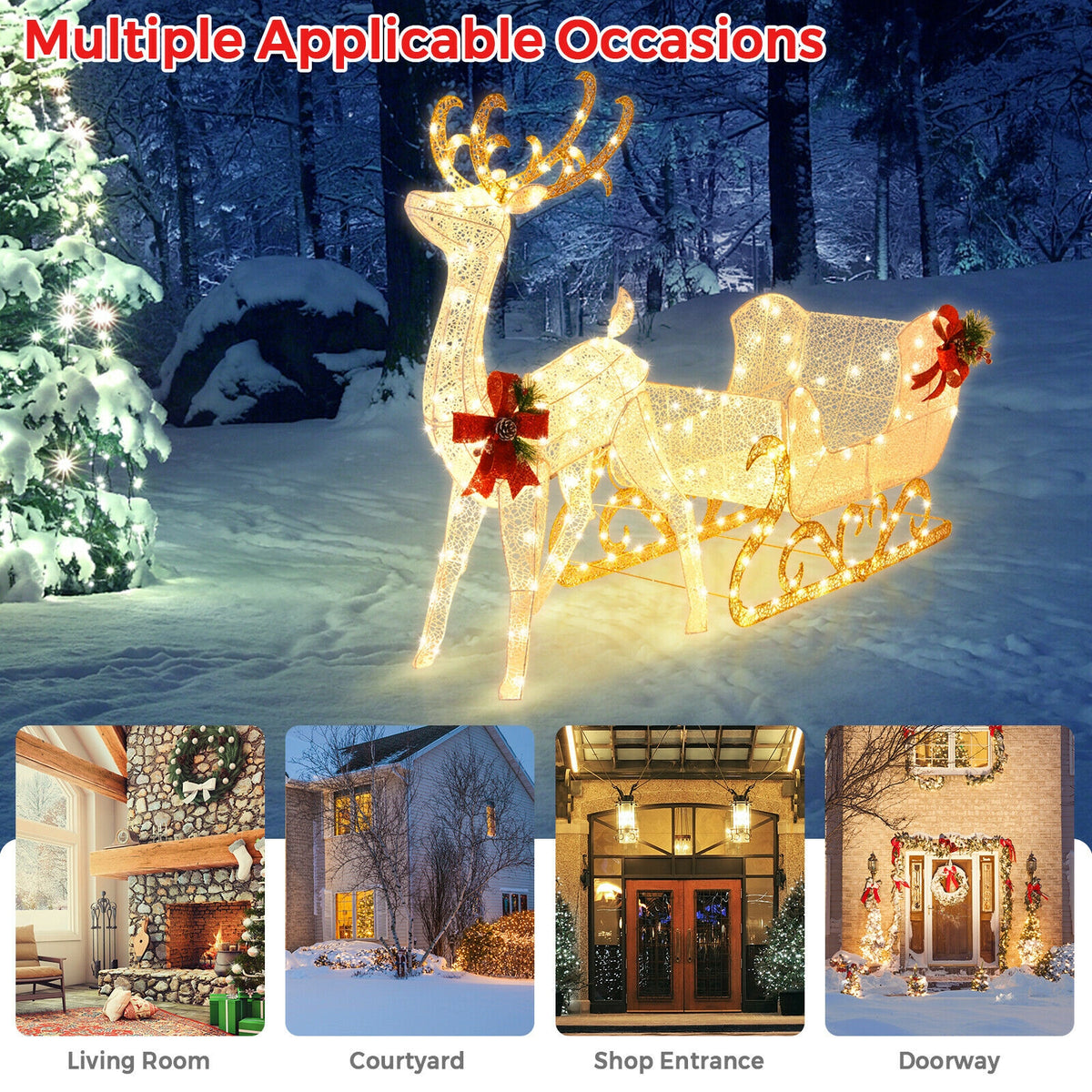 2-Piece Golden Lighted Christmas Reindeer & Santa's Sleigh Decoration Set with Stakes