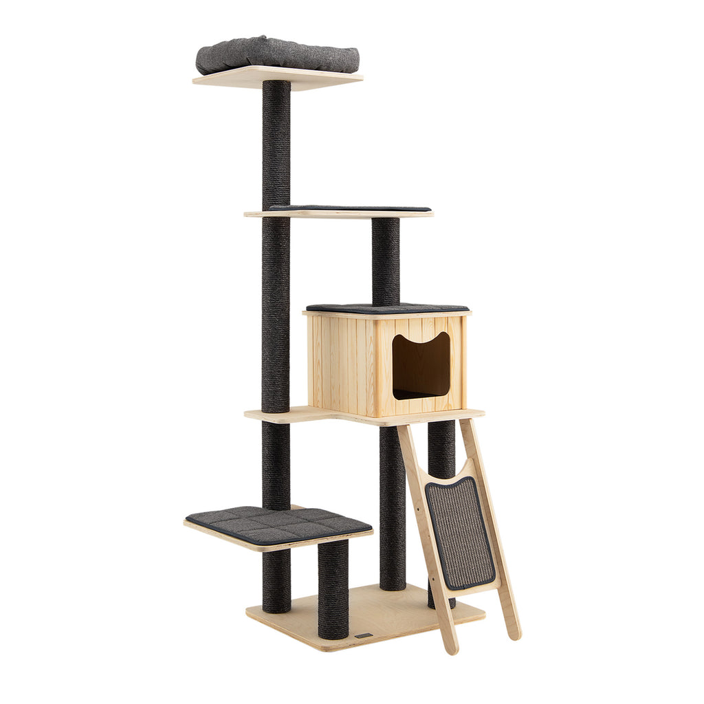 5-Tier Modern Wooden Cat Tower with Washable Cushions - Gray, 5-Layer