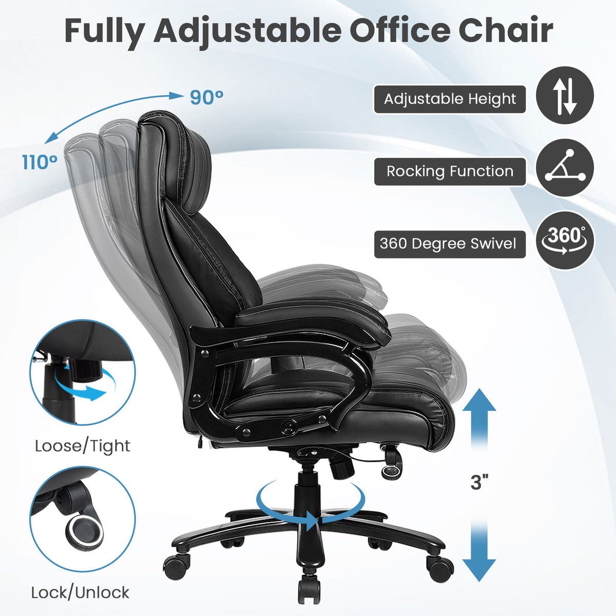 PU Leather Massage Office Chair with Foam Cushion – Big & Tall, Black