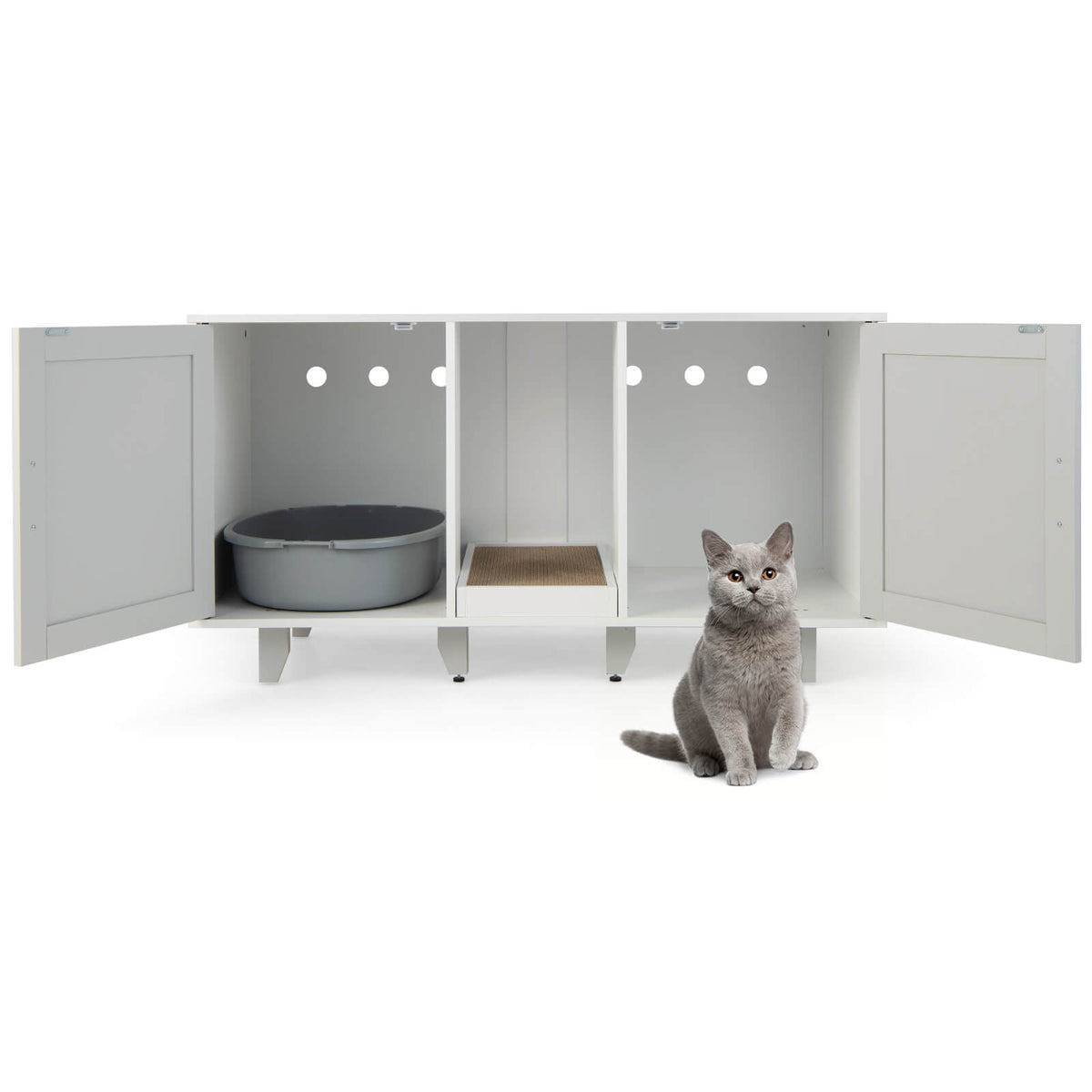 Gray 2-Door Cat Litter Box Enclosure with Winding Entry & Scratching Board - Costway