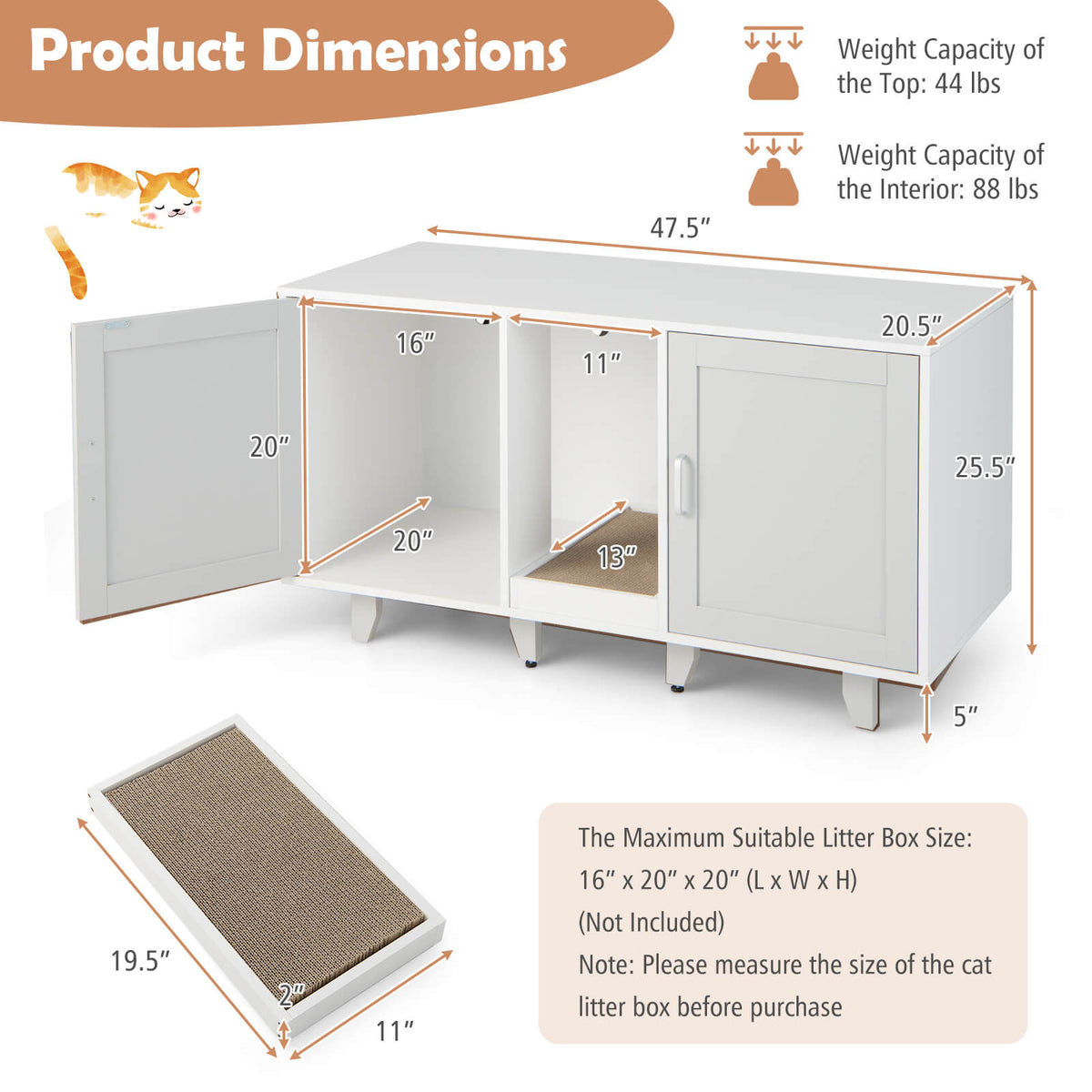 Gray 2-Door Cat Litter Box Enclosure with Winding Entry & Scratching Board - Costway