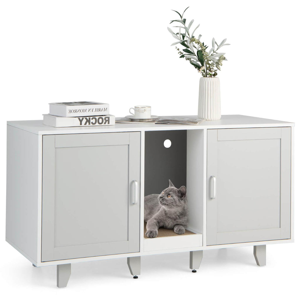 Gray 2-Door Cat Litter Box Enclosure with Winding Entry & Scratching Board - Costway
