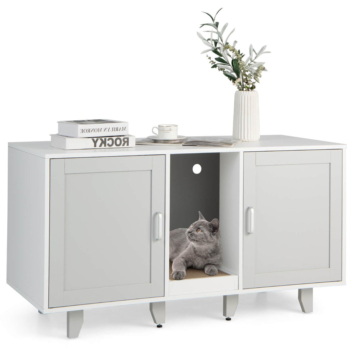 Gray 2-Door Cat Litter Box Enclosure with Winding Entry & Scratching Board - Costway