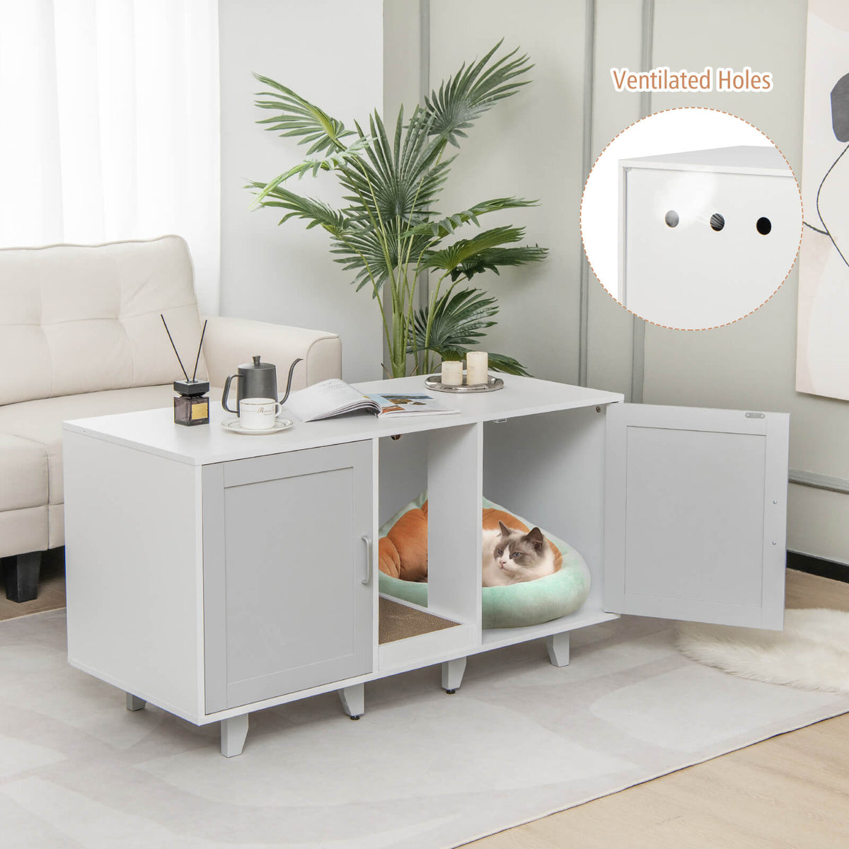 Gray 2-Door Cat Litter Box Enclosure with Winding Entry & Scratching Board - Costway