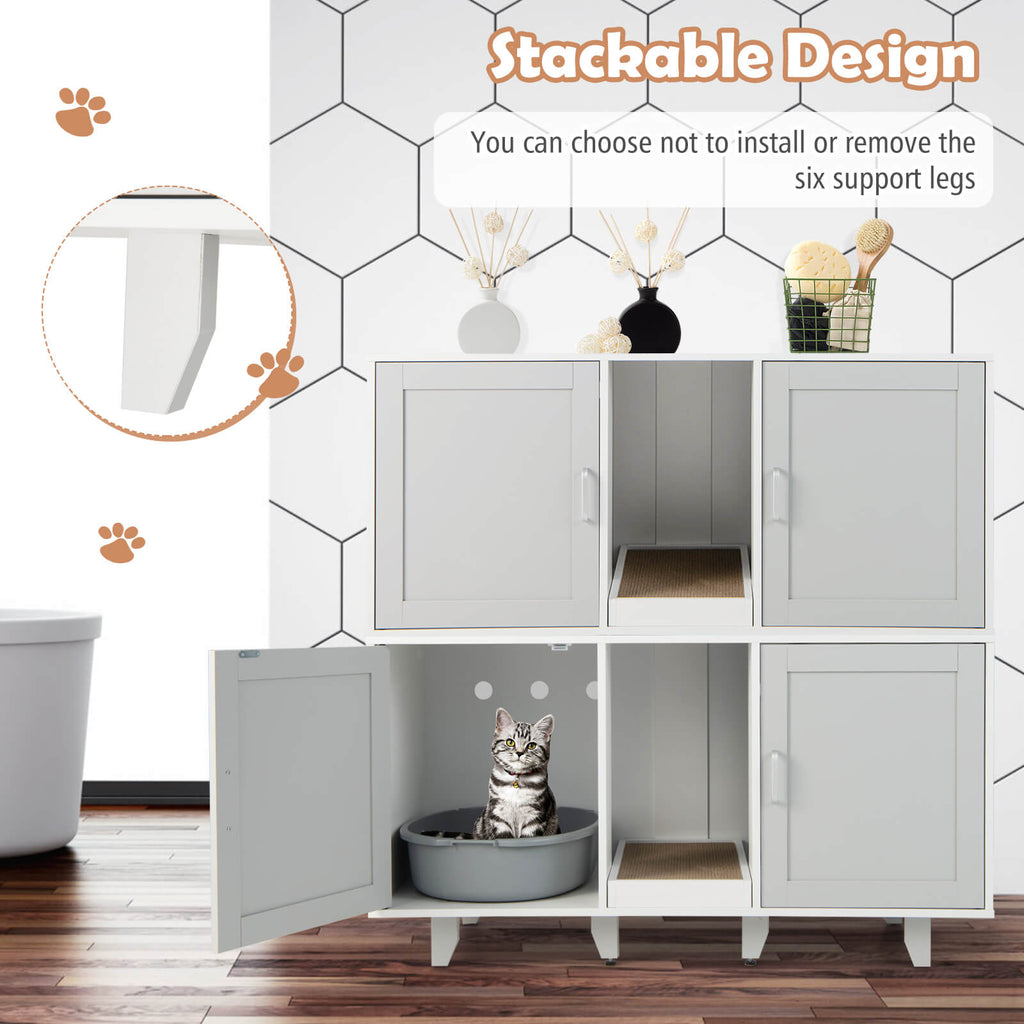 Gray 2-Door Cat Litter Box Enclosure with Winding Entry & Scratching Board - Costway