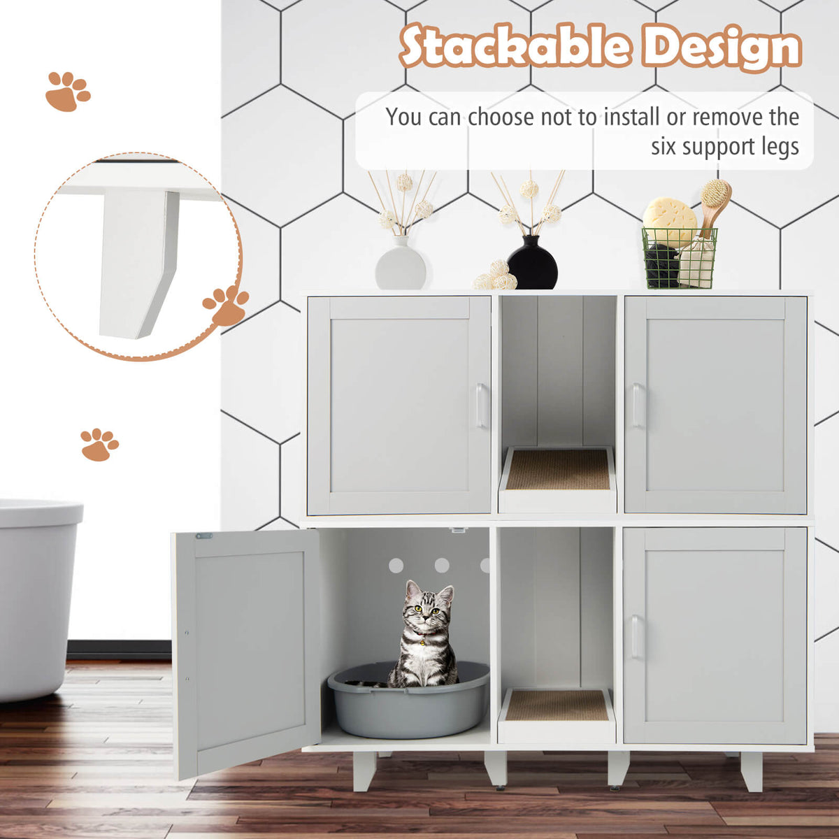 Gray 2-Door Cat Litter Box Enclosure with Winding Entry & Scratching Board - Costway
