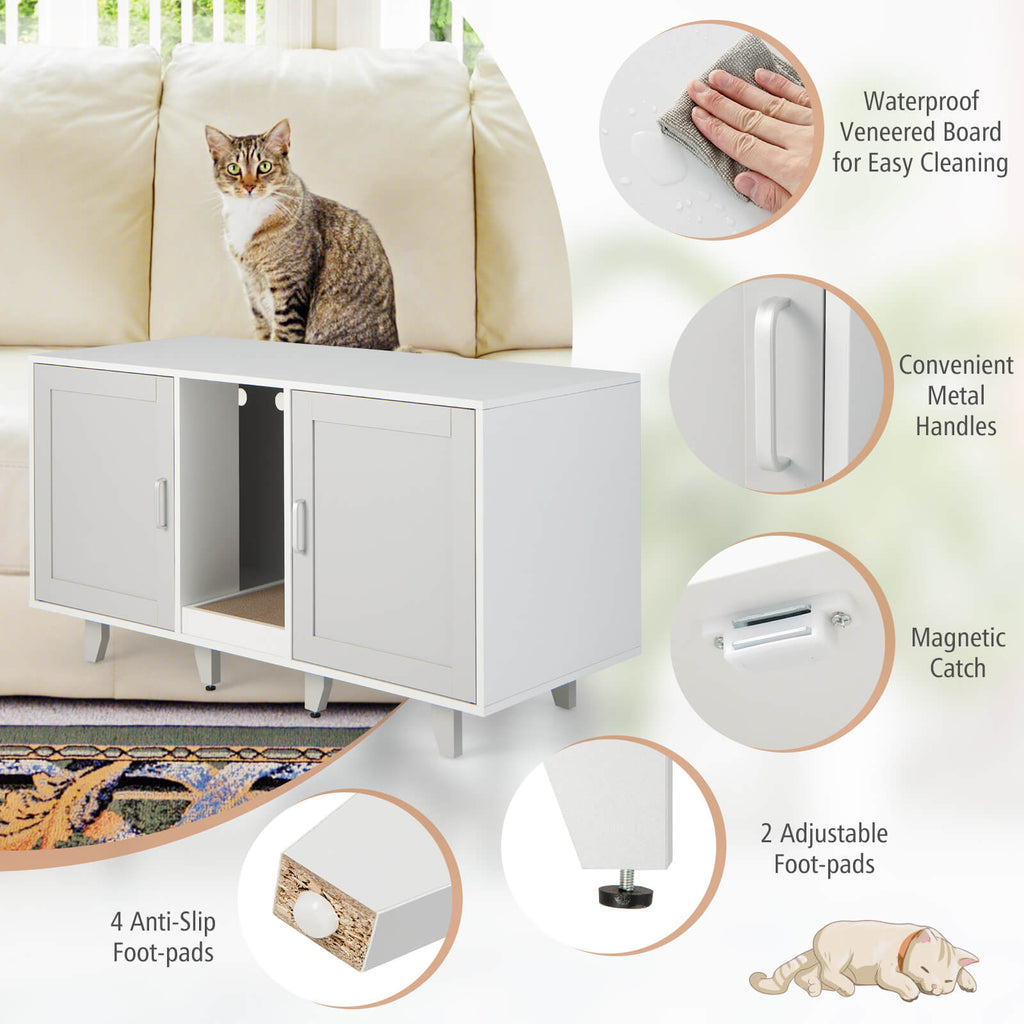 Gray 2-Door Cat Litter Box Enclosure with Winding Entry & Scratching Board - Costway
