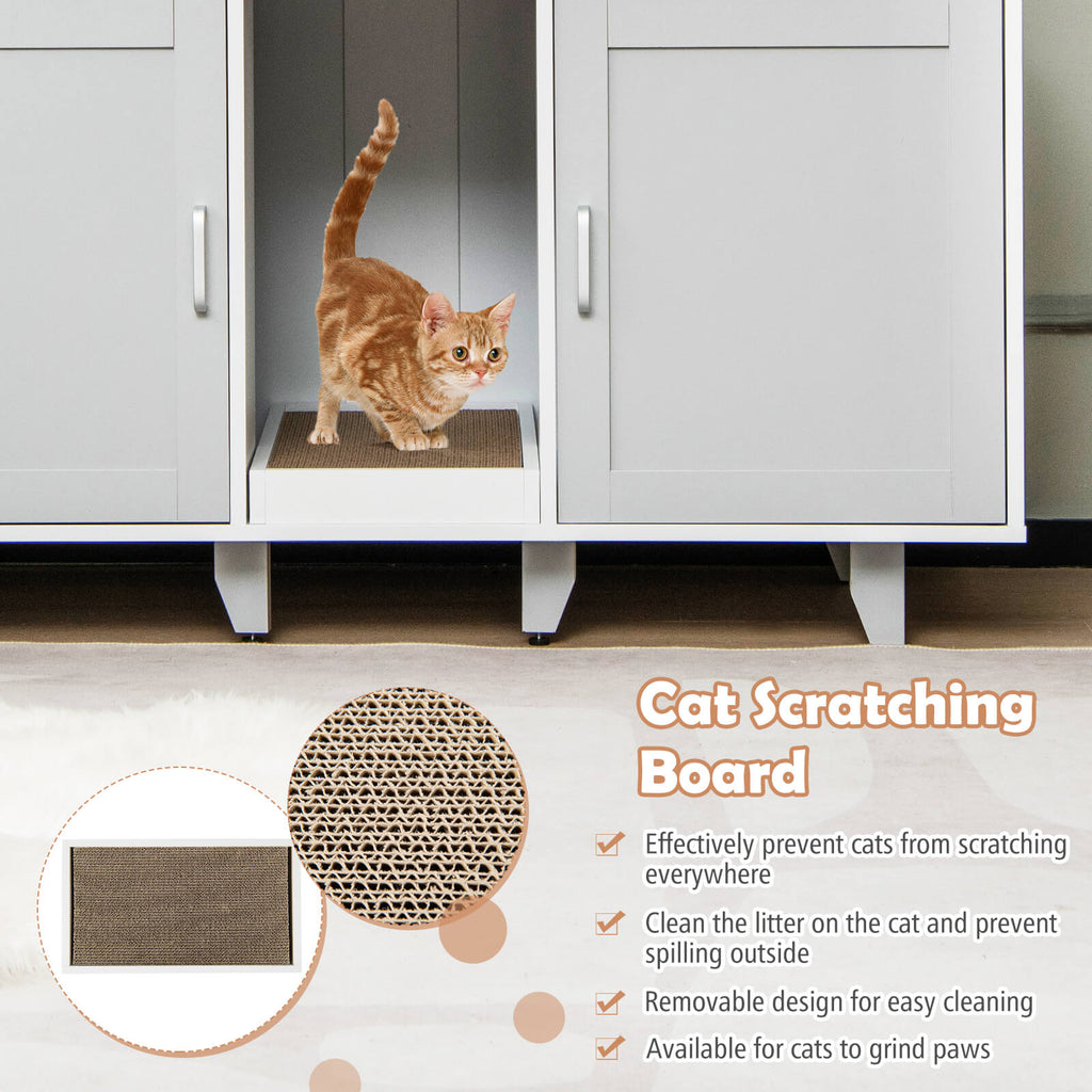 Gray 2-Door Cat Litter Box Enclosure with Winding Entry & Scratching Board - Costway