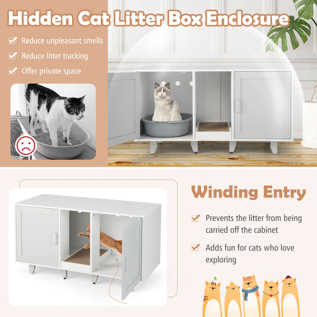 Gray 2-Door Cat Litter Box Enclosure with Winding Entry & Scratching Board - Costway