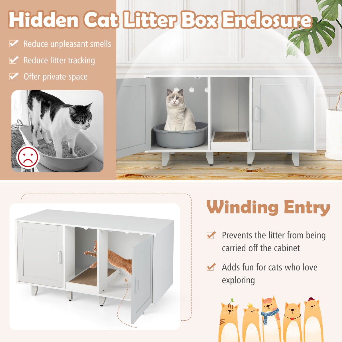 Gray 2-Door Cat Litter Box Enclosure with Winding Entry & Scratching Board - Costway