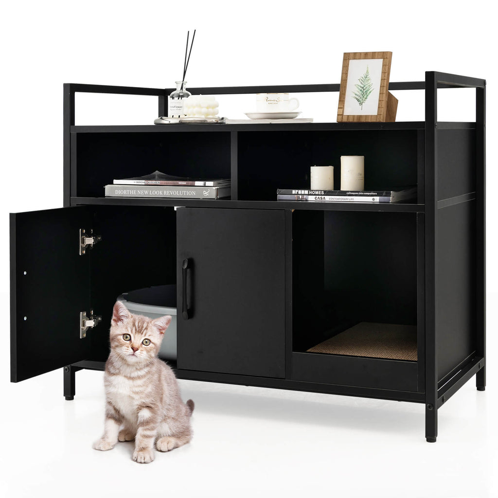 Hidden Cat Washroom Enclosure with Double Doors & Scratch Cardboard - Black