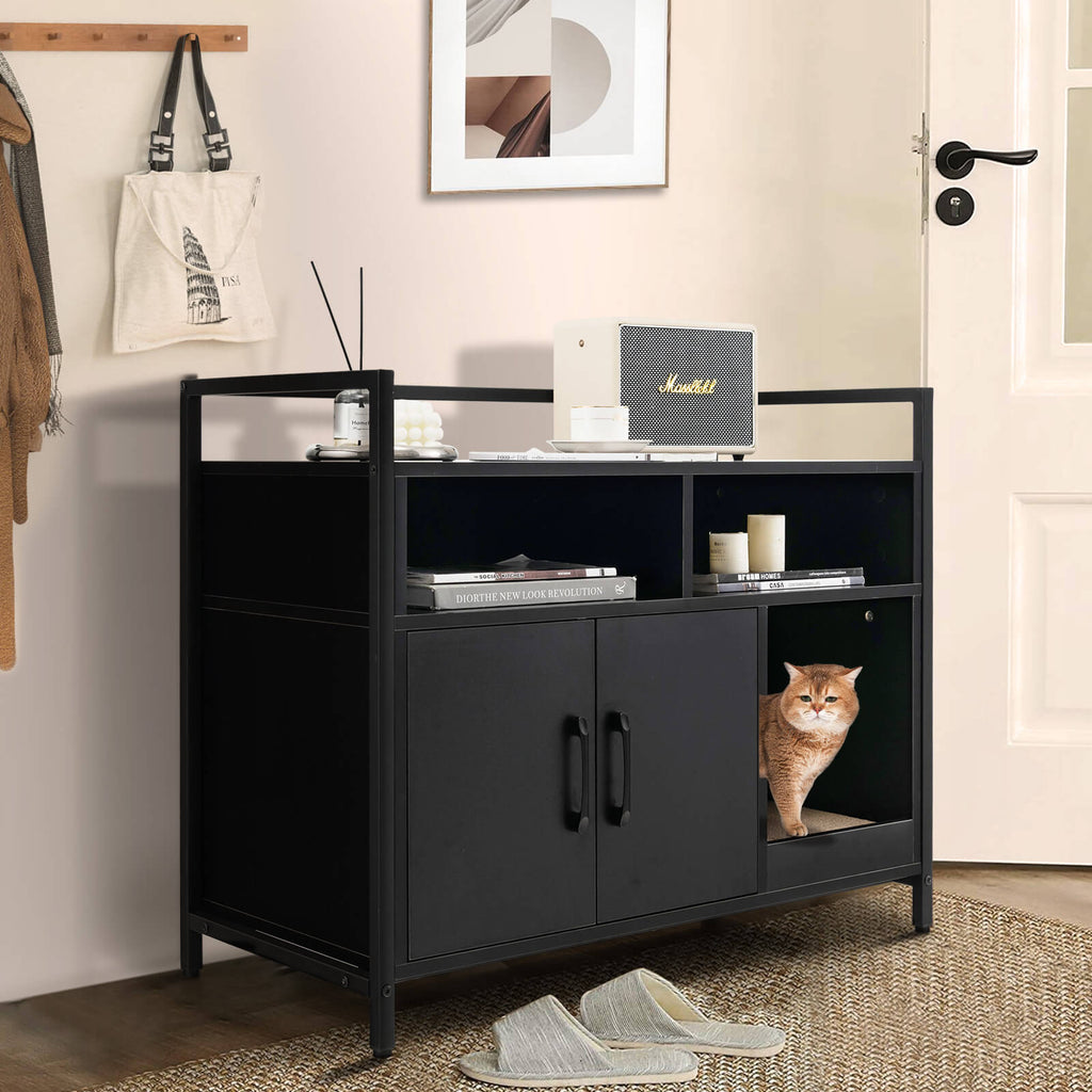Hidden Cat Washroom Enclosure with Double Doors & Scratch Cardboard - Black
