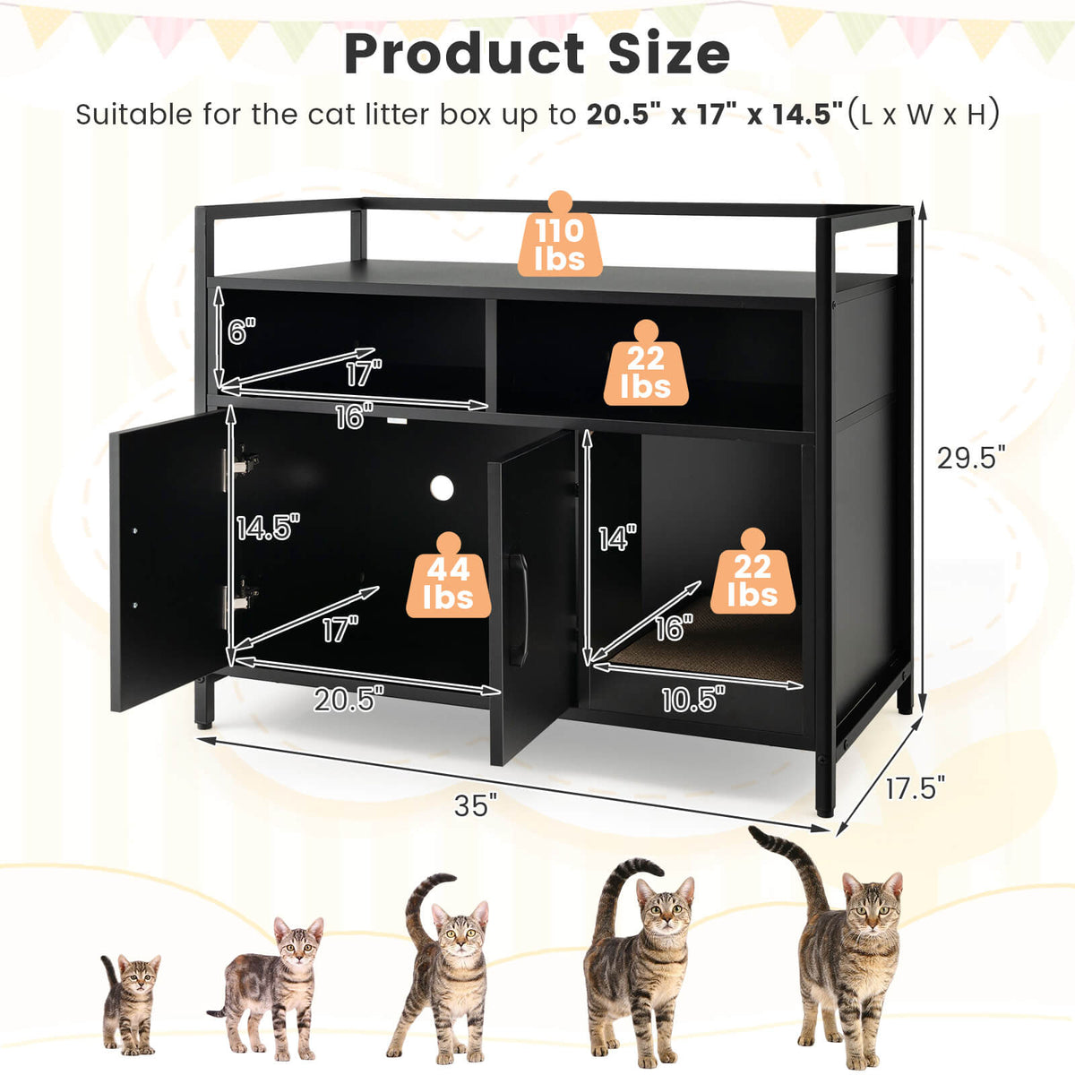 Hidden Cat Washroom Enclosure with Double Doors & Scratch Cardboard - Black