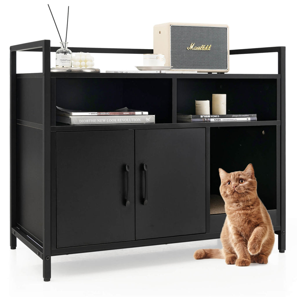 Hidden Cat Washroom Enclosure with Double Doors & Scratch Cardboard - Black