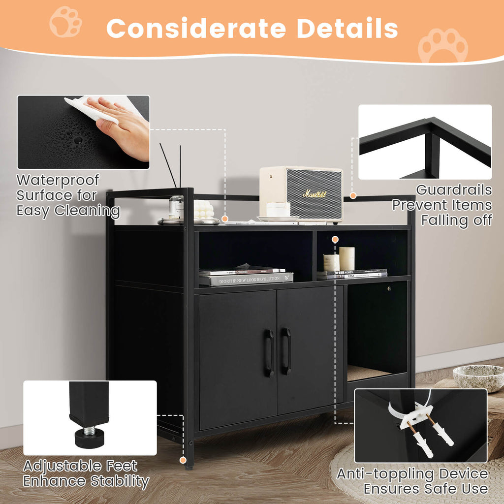 Hidden Cat Washroom Enclosure with Double Doors & Scratch Cardboard - Black