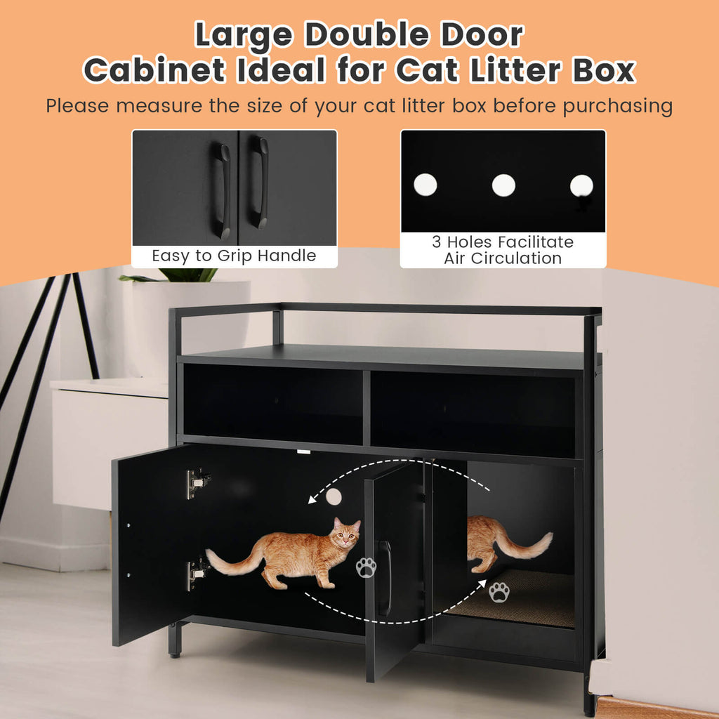 Hidden Cat Washroom Enclosure with Double Doors & Scratch Cardboard - Black