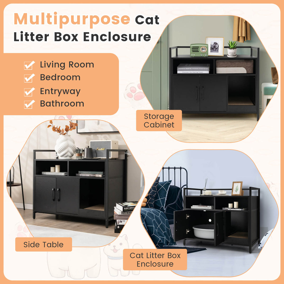 Hidden Cat Washroom Enclosure with Double Doors & Scratch Cardboard - Black