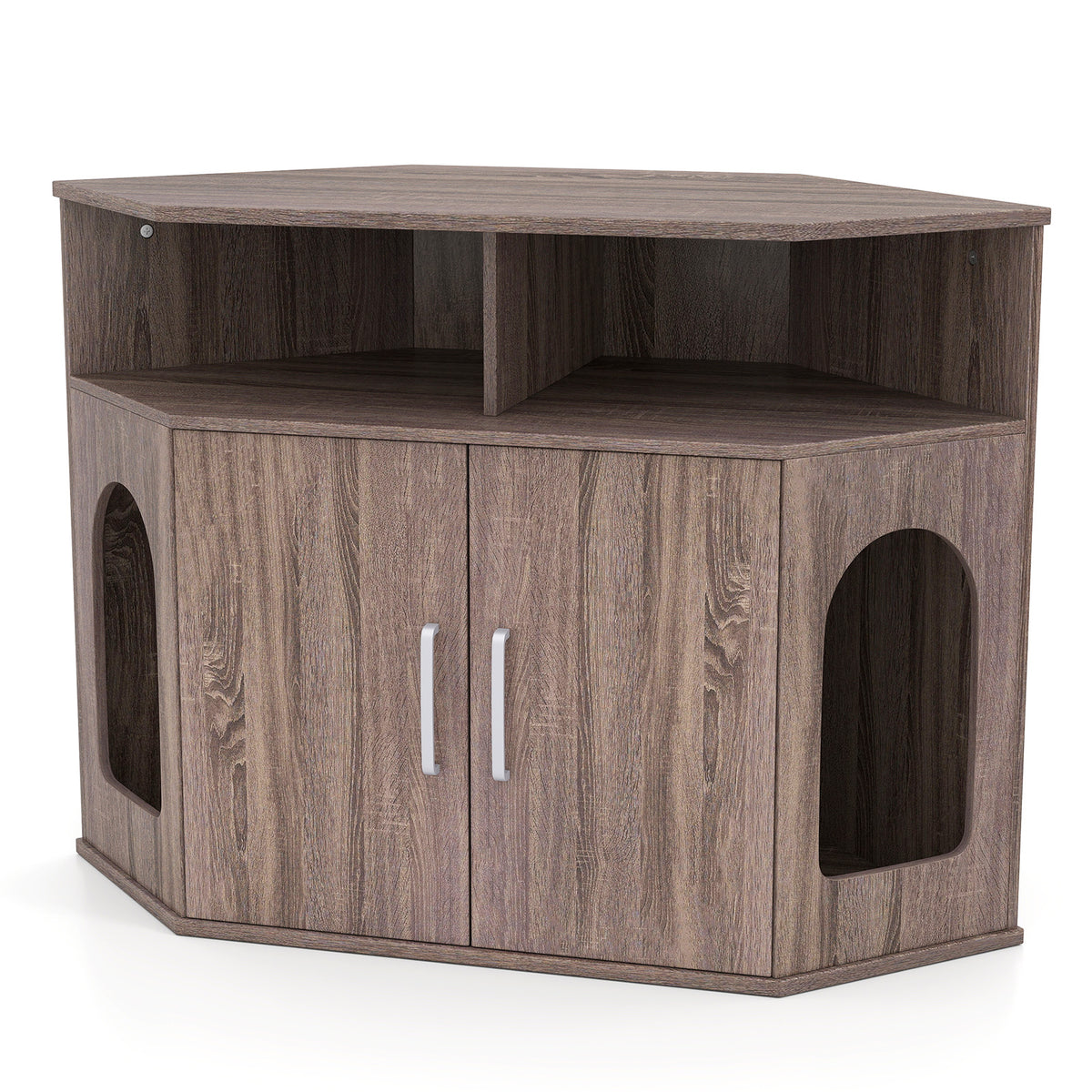 Gray Corner Cat Litter Box Enclosure with Storage Shelves and Double Doors
