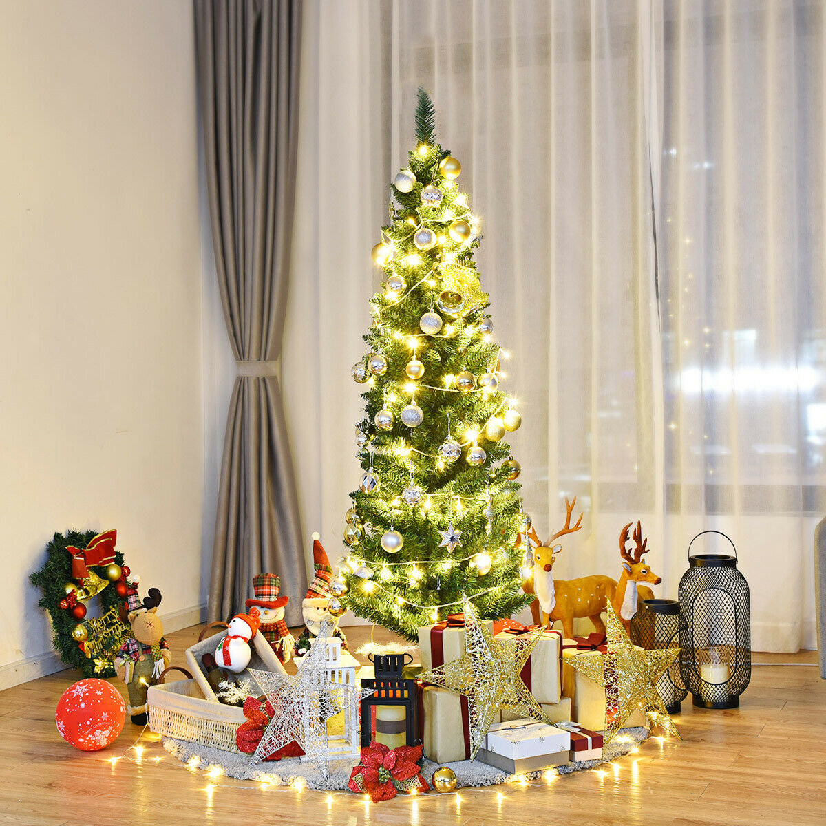 5 Ft Slim PVC Artificial Christmas Tree with Metal Stand - Costway