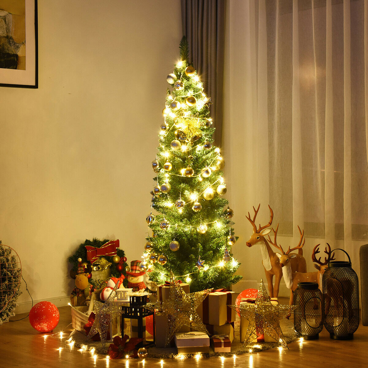 5 Ft Slim PVC Artificial Christmas Tree with Metal Stand - Costway