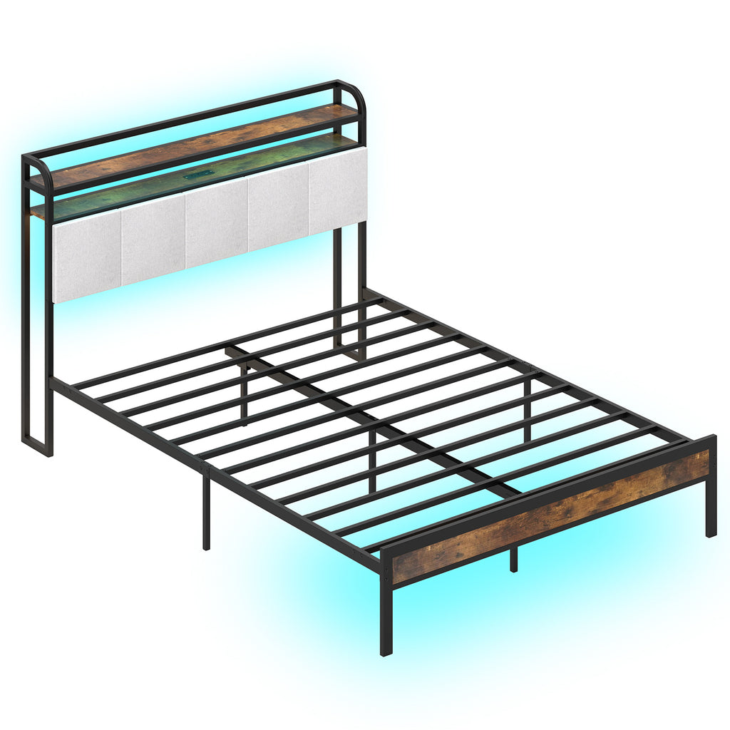 Twin Size Bed Frame with LED Light and Charging Station