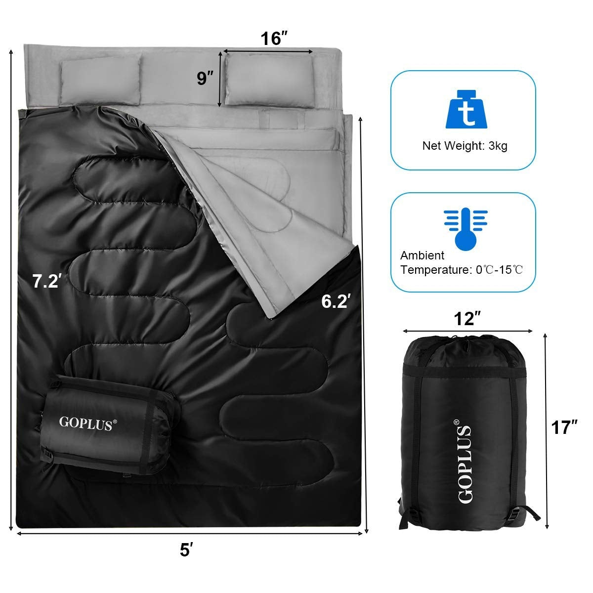 2 Person Waterproof Sleeping Bag with Pillows